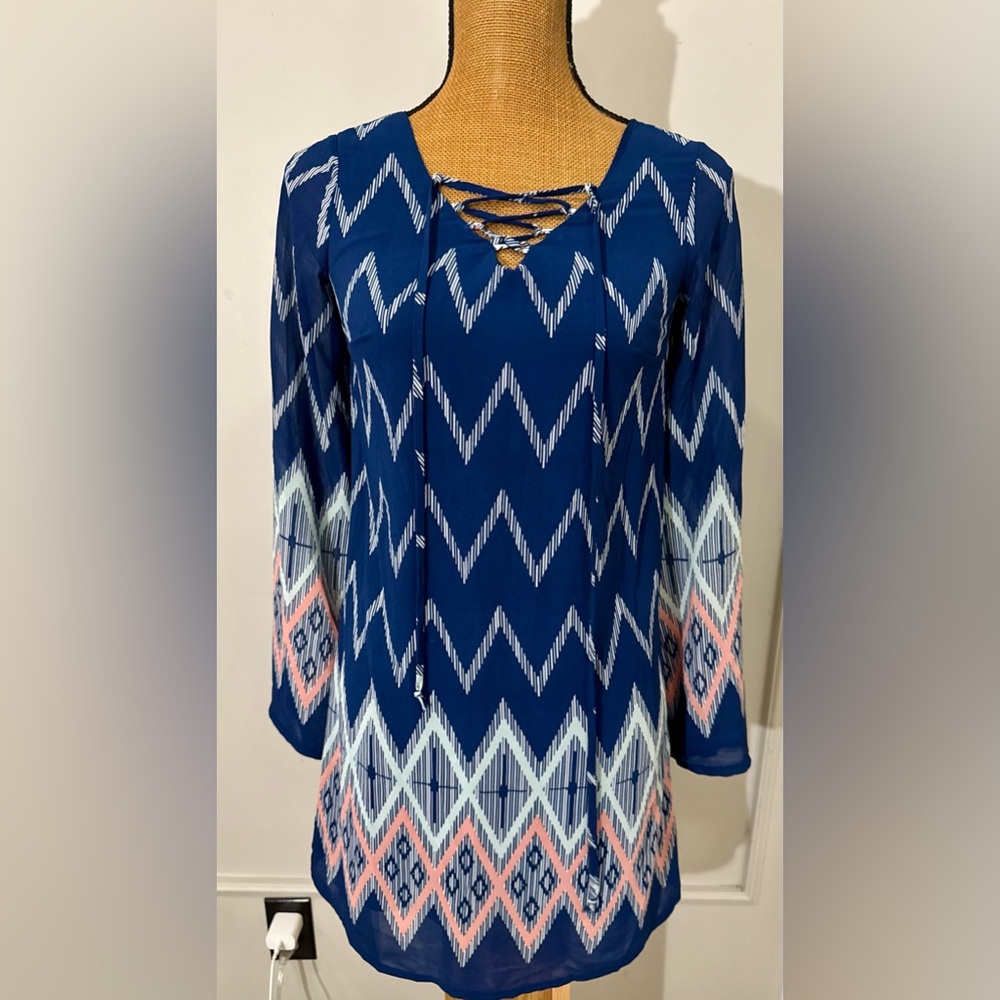 Women’s Navy White‎ Chevron Dress 3/4 Flare Sleeve Lace Up XS